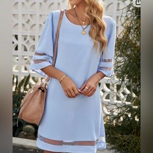 LookbookStore Women Casual Crewneck Mesh Panel 3/4 Bell Sleeve Loose Tunic Dress